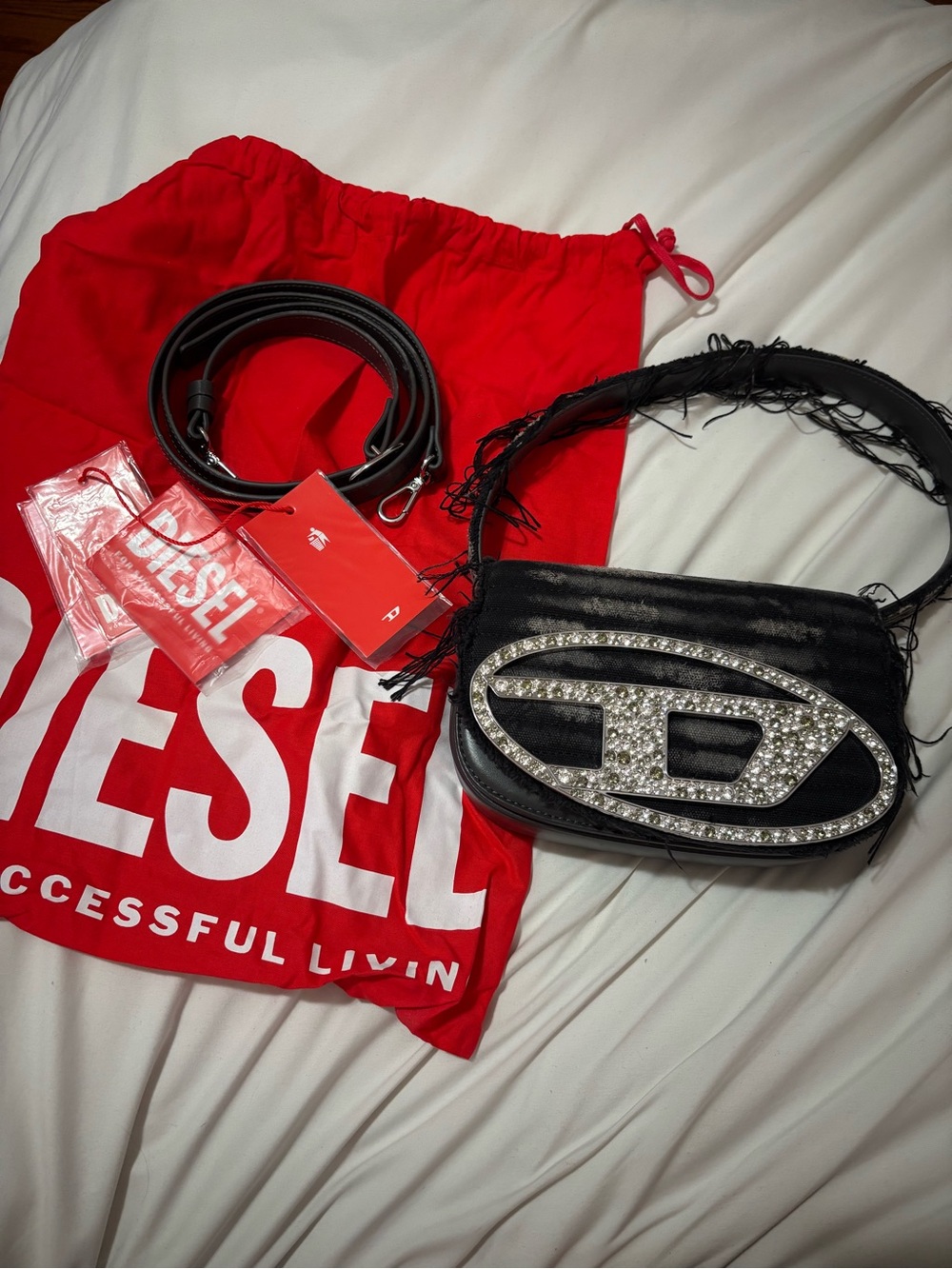 Diesel Black Crossbody Bag with Crystal Logo and Fringe